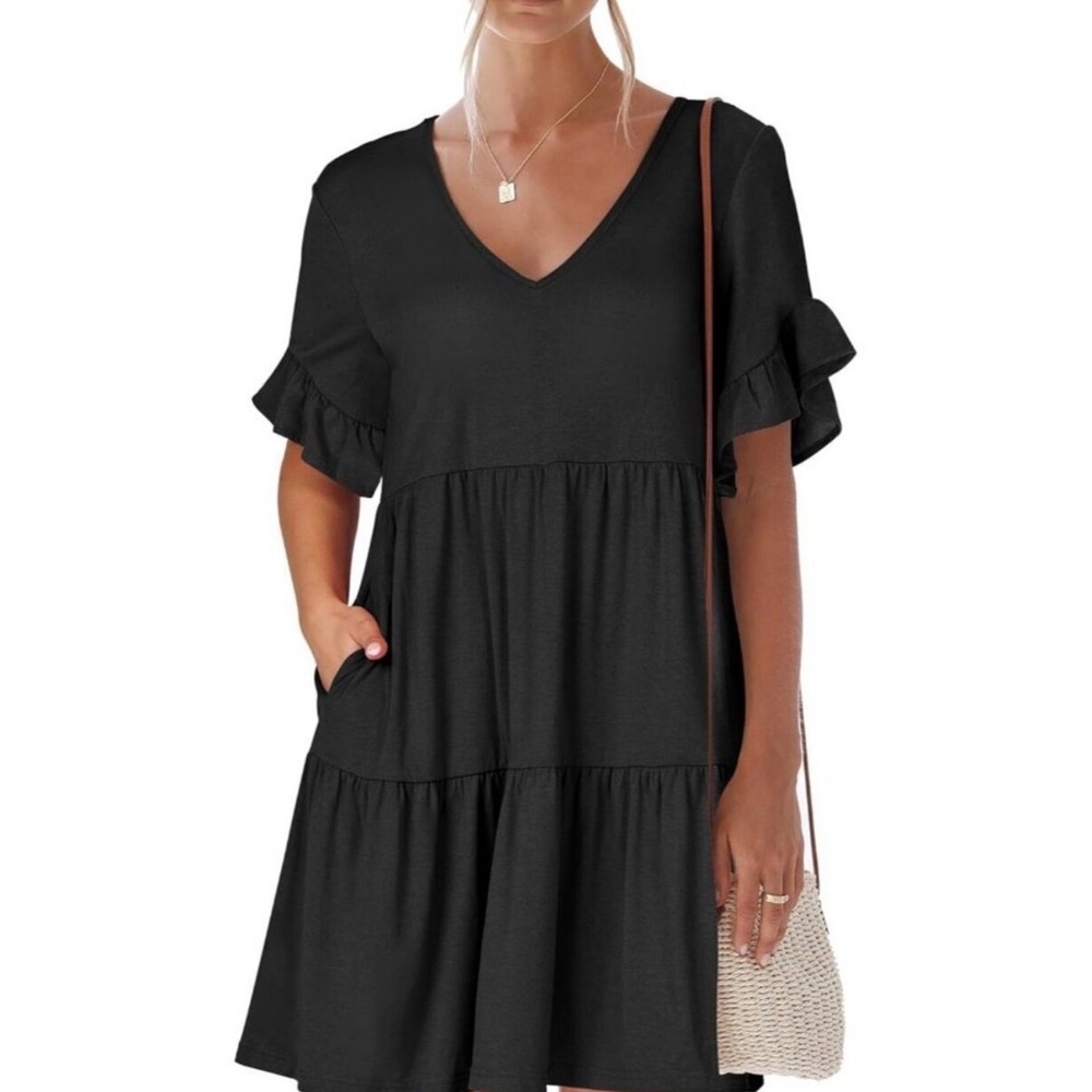 Anrabess Tiered Mini Dress Women Small Black Ruffle Sleeve Casual Summer Boho